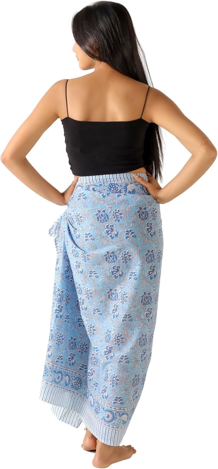 100% Cotton Sarong Cover Up for Women Indian Block Print Beach Wrap Skirt Long Boho Swimsuit Bikini Pareo (73” x 43”)