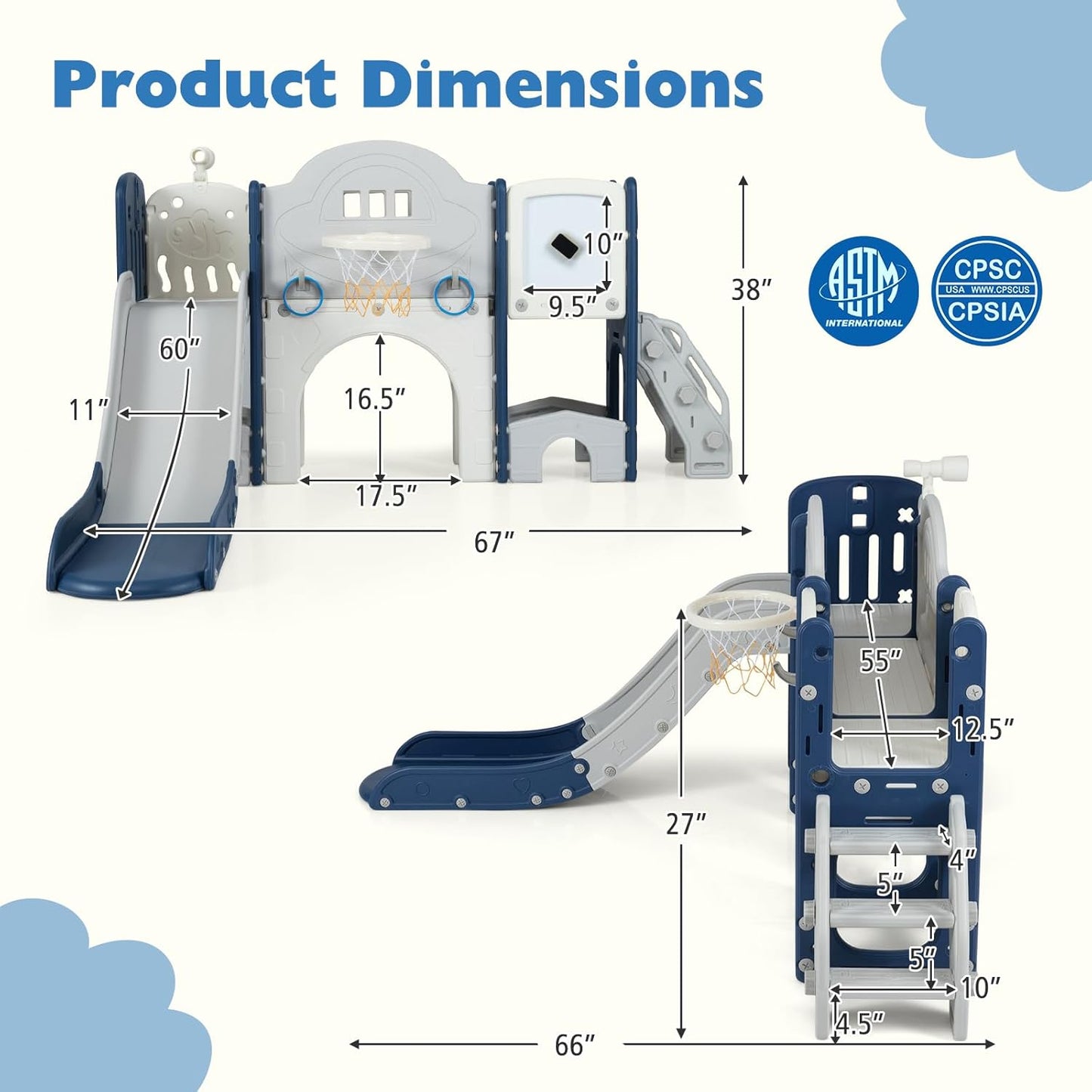 Costzon 10 in 1 Toddler Slide Set, Kids Slide and Climber Playset with Magnetic Whiteboard, Ring Toss, Basketball Hoop, Crawling Tunnel, Long Aisle & Storage, Indoor Playground for Ages 3+ (Blue)