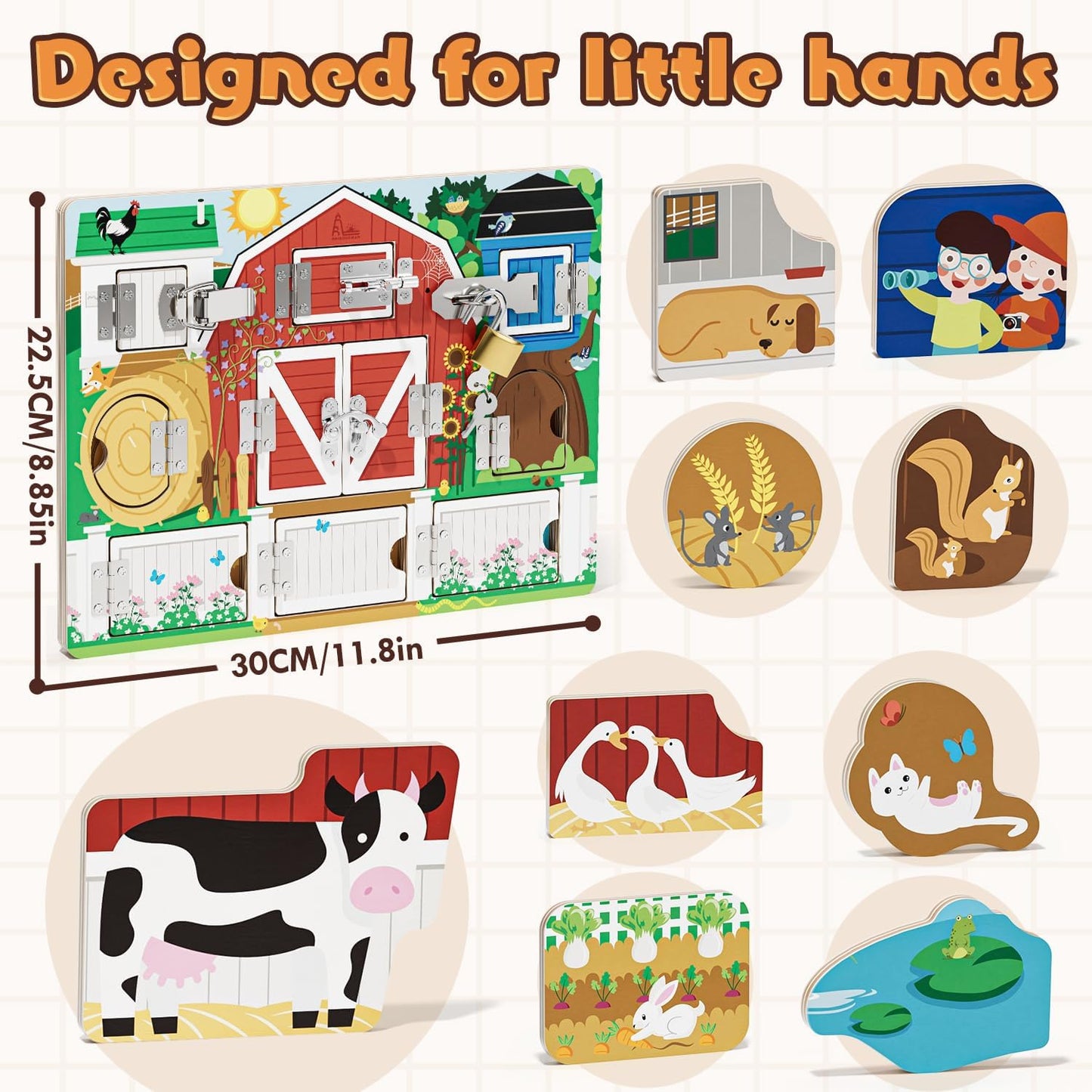 Wooden Latches Busy Board for 1-4 Year Old, Montessori Sensory Toys for Toddler, Farm Theme Educational Busy Book for Kids, Activity Board Gift for Kids