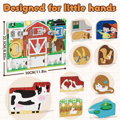 Wooden Latches Busy Board for 1-4 Year Old, Montessori Sensory Toys for Toddler, Farm Theme Educational Busy Book for Kids, Activity Board Gift for Kids