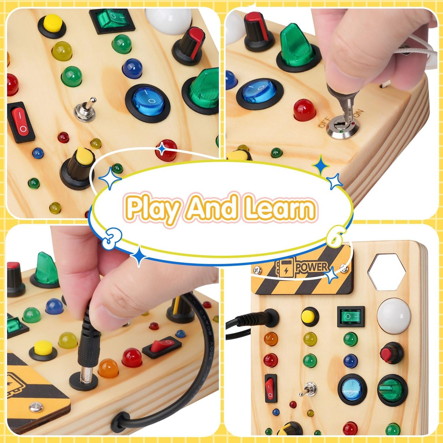 Montessori Busy Board Toys: Wooden Sensory Toy for Toddler with LED Light Up Switch, Educational/Christmas/Birthday Gifts for 1-3 Year Old Boys & Girls