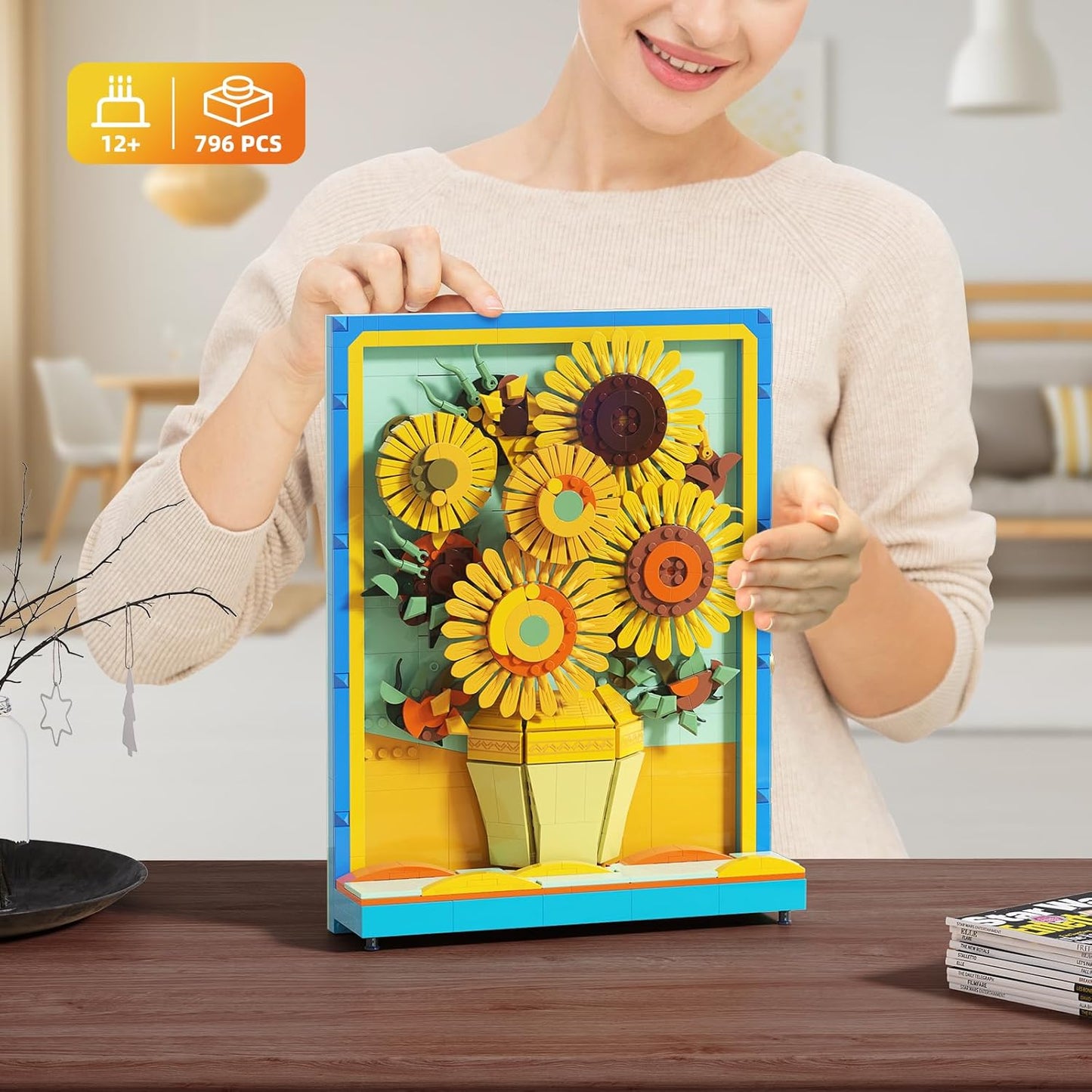Rotatable Sunflower Building Set,Sunflowers Table Art Painting Frame,Home Office Table Centerpiece Decor,Gifts for Her Him Girls 14+