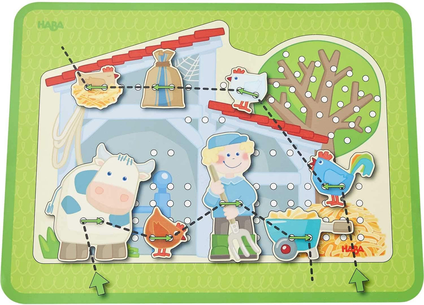 HABA Farm Threading Game with 18 Barn Yard Themed Wooden Tiles and Template Cards