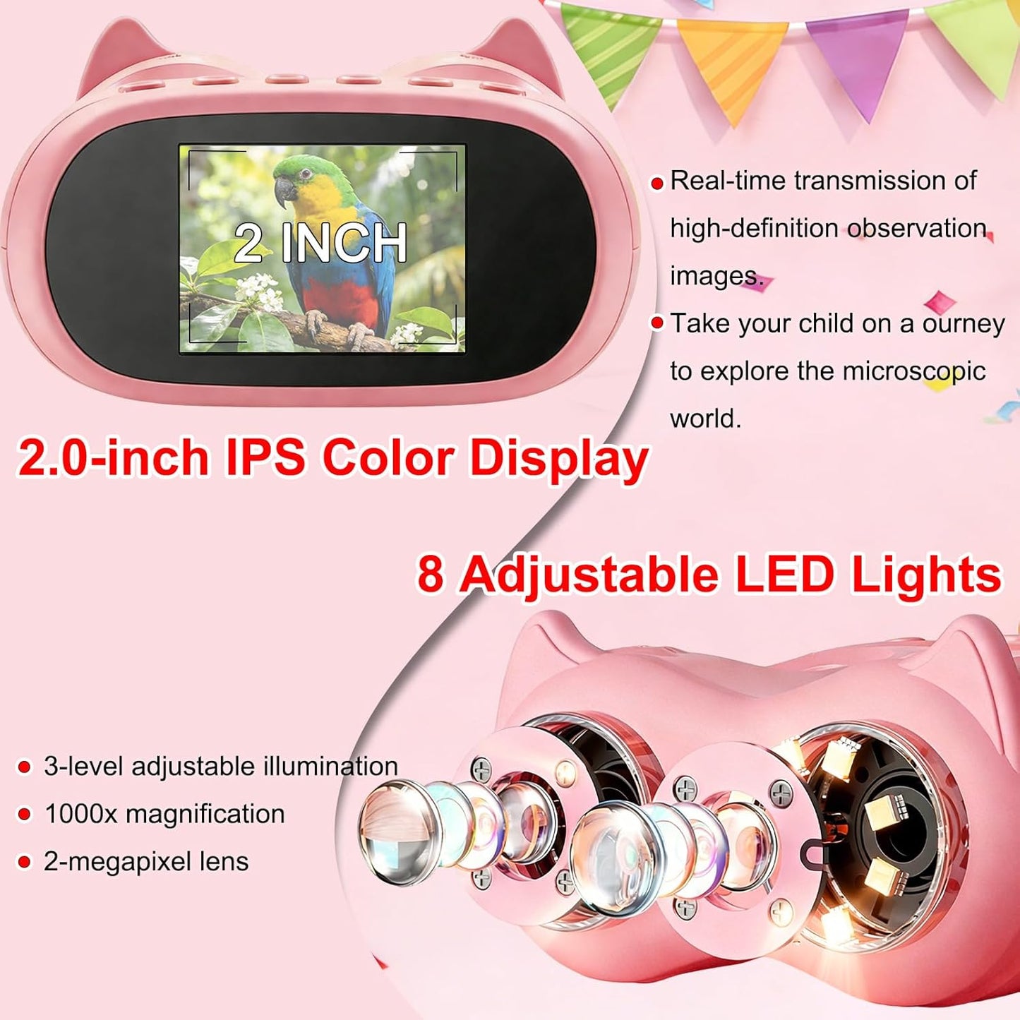 1000X Handheld Digital Microscope for Kids & Binoculars, 2 in 1 Pocket Microscope with 2.0" IPS Screen, USB Rechargeable STEM Educational Toy, Science Kit Birthday Gift for Boys Girls Ages 4-12