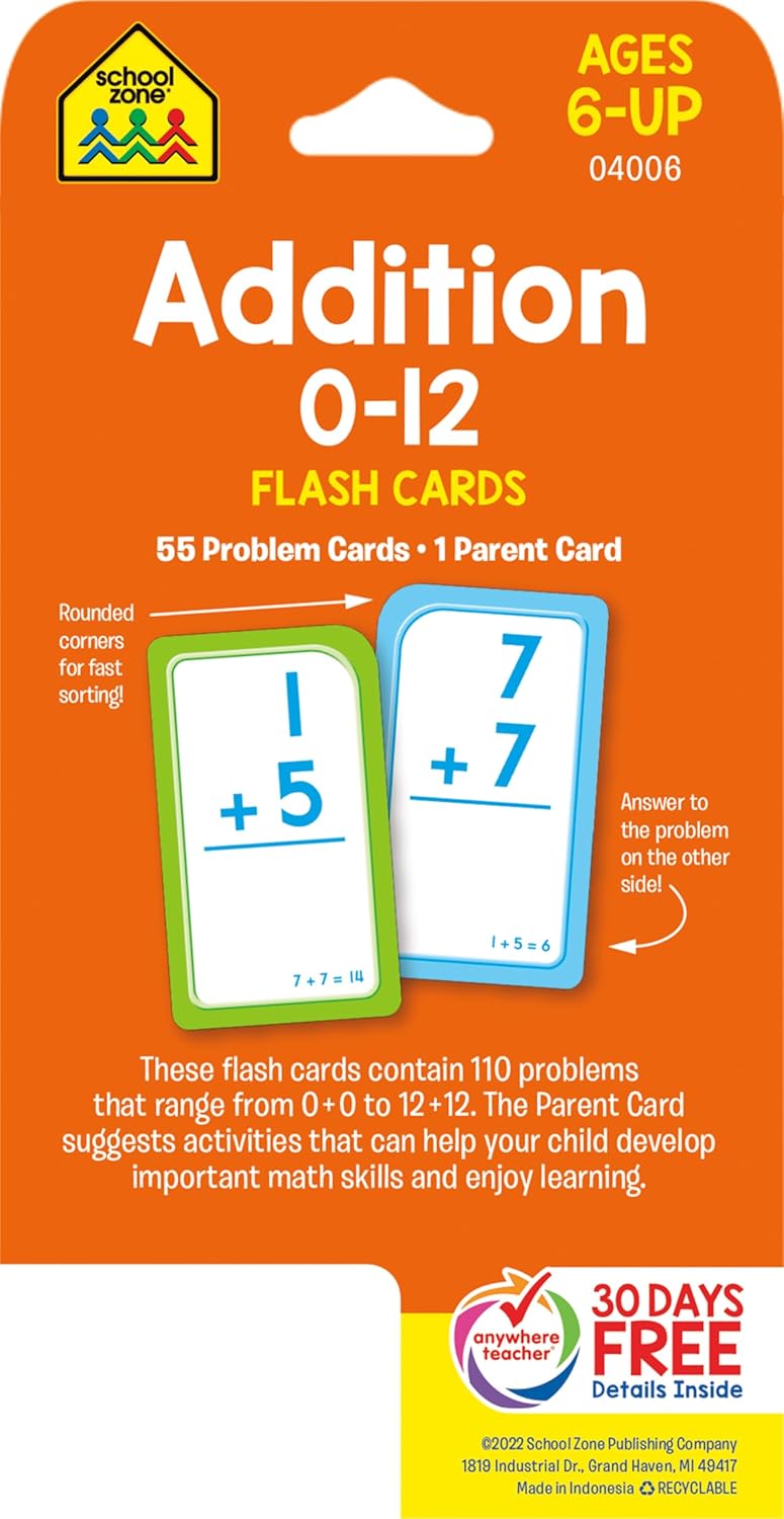 School Zone Addition 0-12 Flash Cards: 56 Cards, 1st Grade, 2nd Grade, Numbers 0-12, Elementary Math, Problem Solving, Addition Problems, Counting, Ages 6+, Packaging May Vary