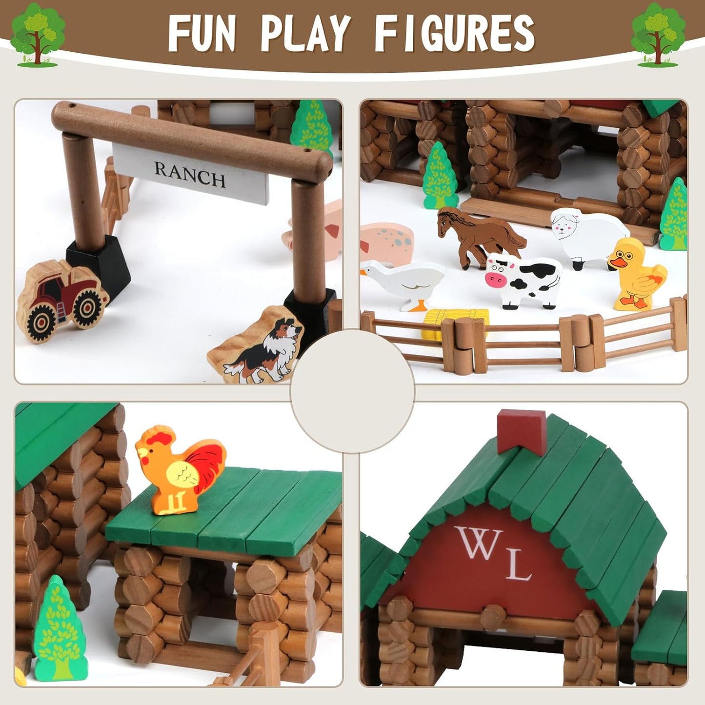 Wondertoys 208 Pcs Wooden Log Set - Classic Building Logs Ages 3+ - Best Retro Building Gift Set for Boys - Creative Construction Engineering Educational Gifts