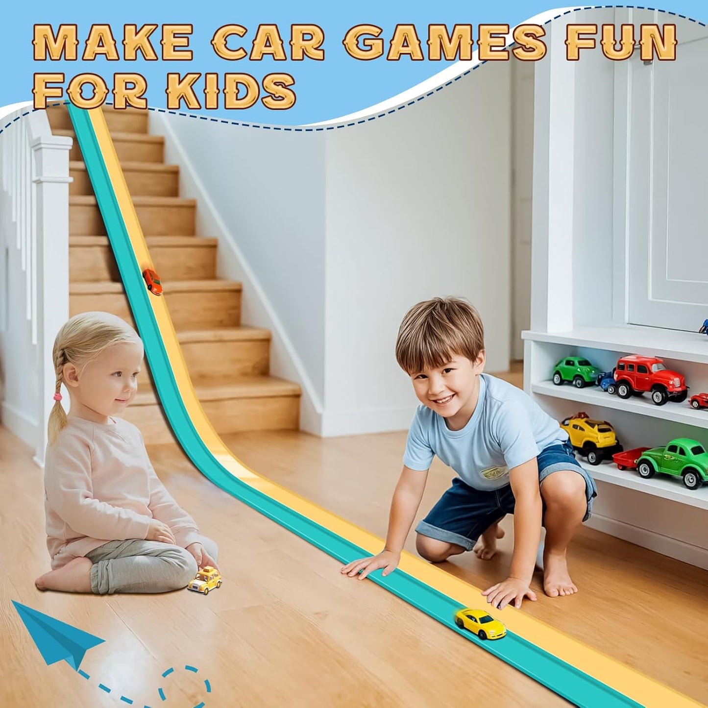 Flex Tracks 15 Ft for Kids Starter Set, Flexible Race Car Ramp Track with Suction Cups Compatible with Diecast 1/64th Cars for Ages 3 & Up (Black & Red)