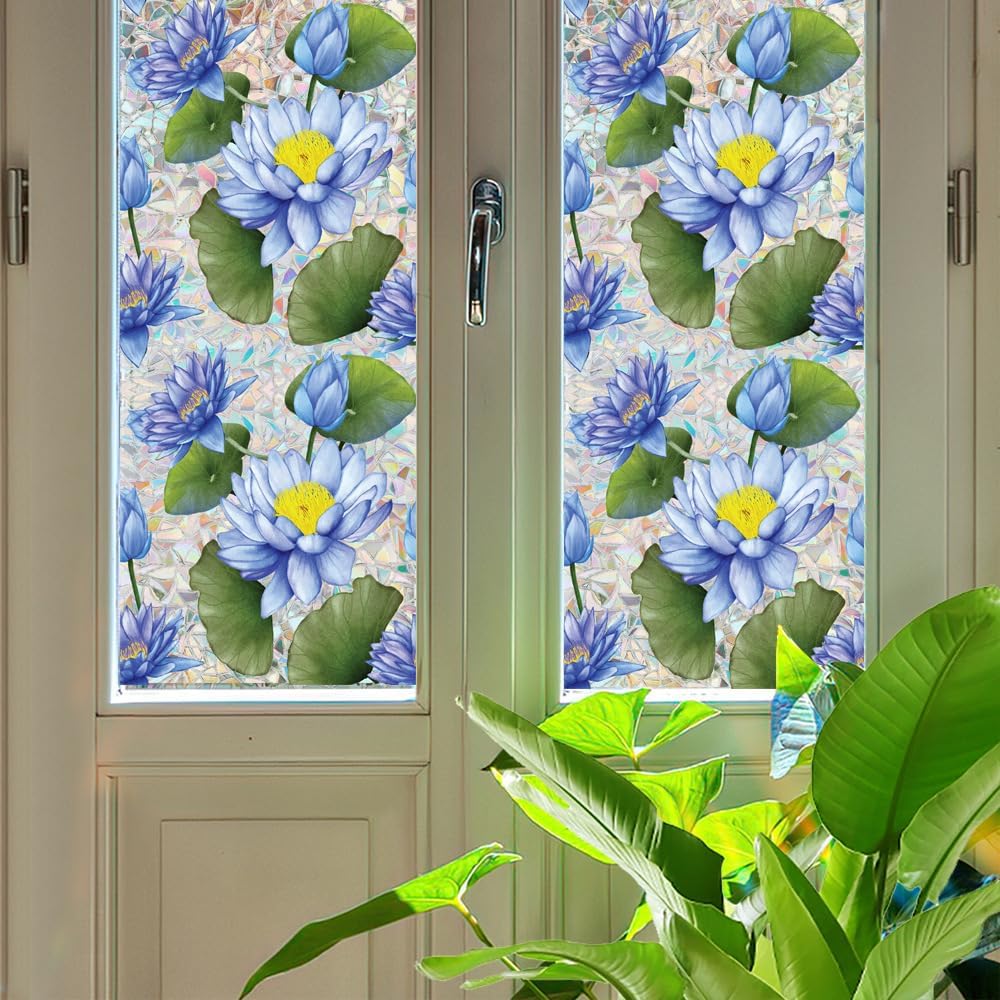 Flower Stained Glass Window Film Decorative Static Cling Stickers Sun Blocking Privacy Decals for Home Car White Lily