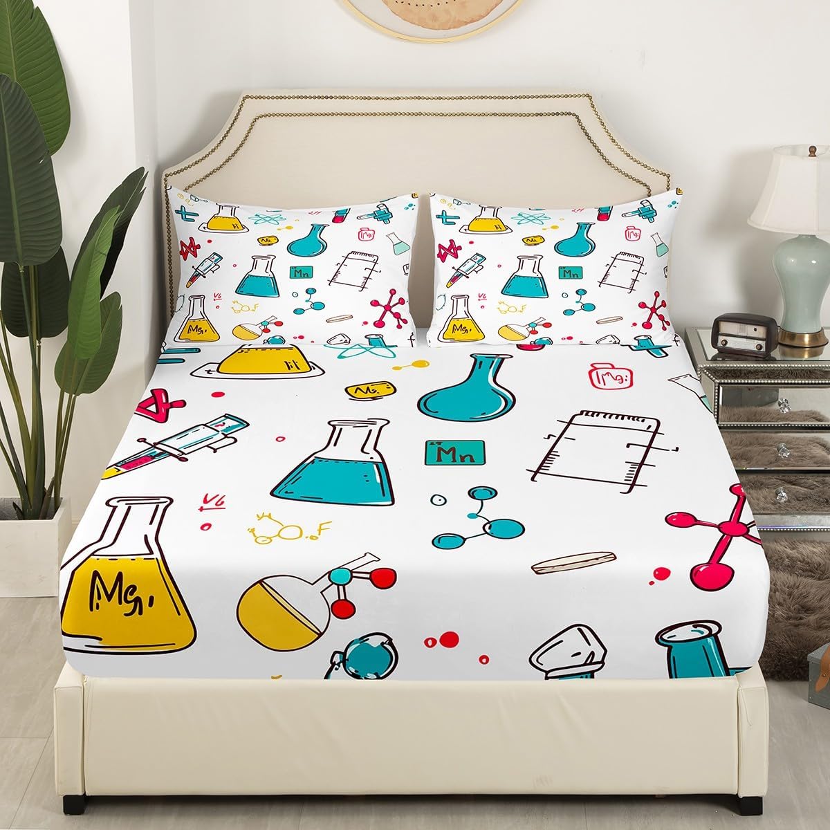Erosebridal Science Theme Bed Sheets Set Full Size for Boys Girls Chemistry Periodic Table Print Sheet Set Chemical Subject Theme Sheets Teens Kids Math Science Atyle Fitted Sheet 4 Pcs