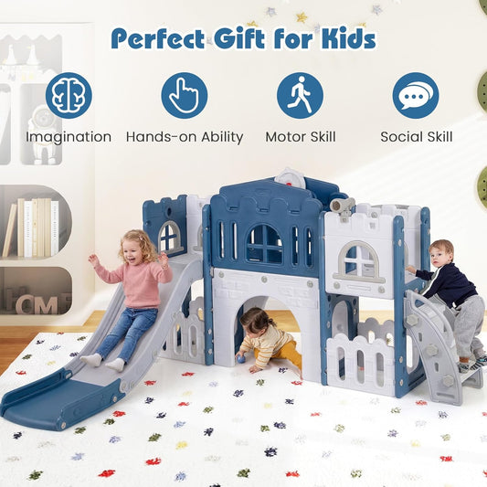 Costzon 8 in 1 Toddle Slide Playset, Freestanding Kids Slide w/Tunnel, Basketball Hoop, Toddler Climber Slide Playset Indoor Playground for Kids 1-3 w/Storage Space, Gifts for Boys Girls (Blue)