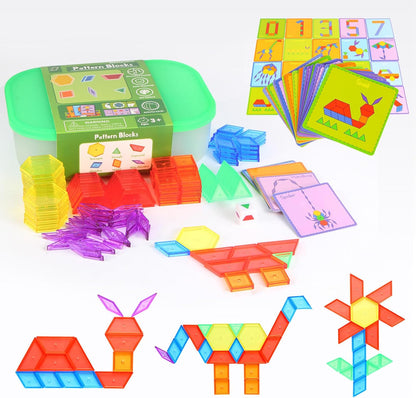 188 Pcs Translucent Plastic Pattern Blocks Set, Light Table Manipulative for Shape Recognition, Fun Geometric Shapes Tangram Puzzle with Storage Box