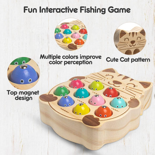 Magnetic Wooden Fishing Game Toys for Toddlers,Wooden Frog Magnets Fishing Learning Color Sorting Puzzle Montessori Preschool Educational Fine Motor Skills for 3 4 5 Years Old Boys Girls