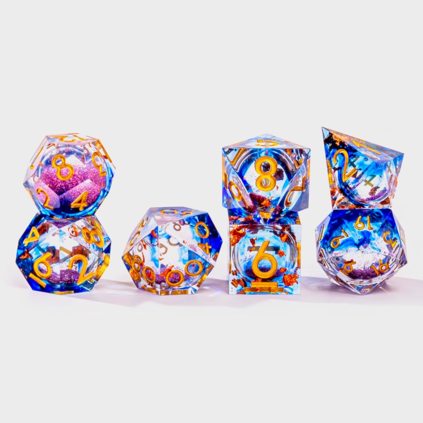 Liquid Core DND Dice Set, 7pcs Sharp Edge Dice for Role Playing Dungeons and Dragons Ttrpg with Gift Box, Handmade Resin D&D Dice RPG Role Playing Games Dice Set(Blue Gold)