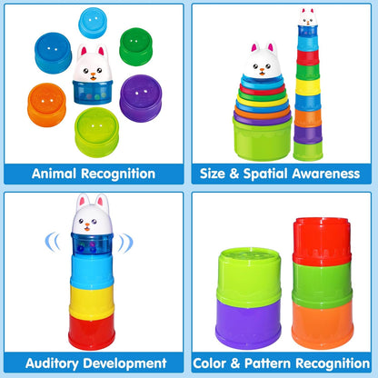 WEEJOYGAM Baby Stacking Cups, Nesting Stacking Toys for Toddlers 1-3 with Light and Sound, Montessori Toys for 1 Year Old Babies 6-12 12-18 Months Easter Gift Color Stack Bath Beach Blocks Rainbow Set
