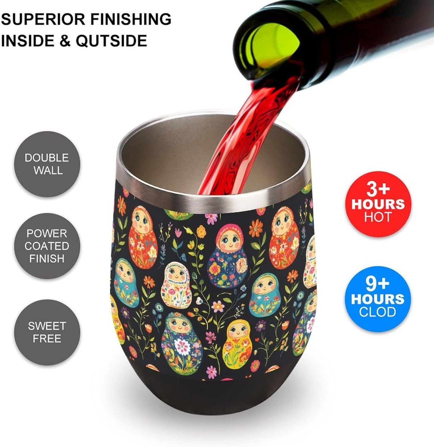Russian Nesting Dolls Flowers Insulated Cups & Mugs 12 Oz Double-Wall Coffee Cup with Lids Drinks Tumbler for Women Men