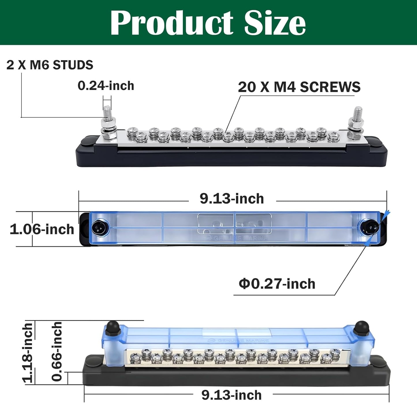 LENKRAD Ground Bus Bar 12V Marine 150A Battery Terminal Block Waterproof Power Distribution Block with 2 x M6 Post,10 x M4 Terminal Screws Negative Buss Bar for RV - 2Pcs
