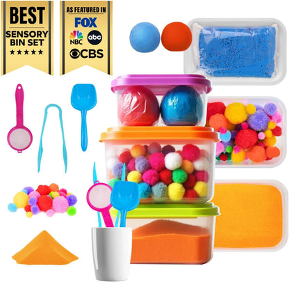LOLO TOYS Sensory Kit for Toddlers and Kids - Includes 3 Bins with Lids, Play Tools, Sand, Feathers, Clay, Color Beads and Pom Poms Kids Box Fillers (Starter Set)