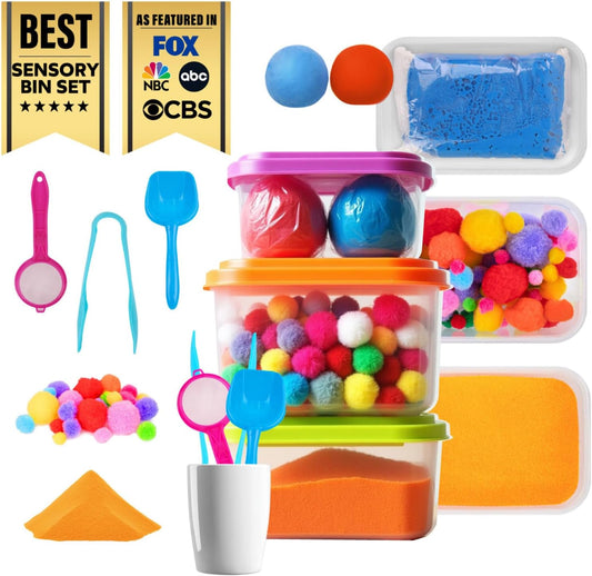 LOLO TOYS Sensory Kit for Toddlers and Kids - Includes 3 Bins with Lids, Play Tools, Sand, Feathers, Clay, Color Beads and Pom Poms Kids Box Fillers (Starter Set)