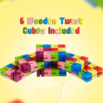 6 Pcs Wooden Fidget Toy Twist Block Cubes Puzzle Sensory Toys Fidget Cubes for Teens Party Favors for Boys and Girls