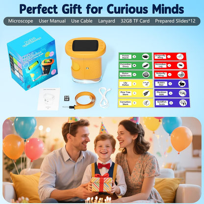 Odatay 4K 1000X Digital Microscope for Kids with Long Distance Viewing & 2.4" Screen, Portable Handheld Edu Toys for Kids Age 3-12 Exploring Bugs Plants at Home Classroom & Outdoor Travel, Yellow