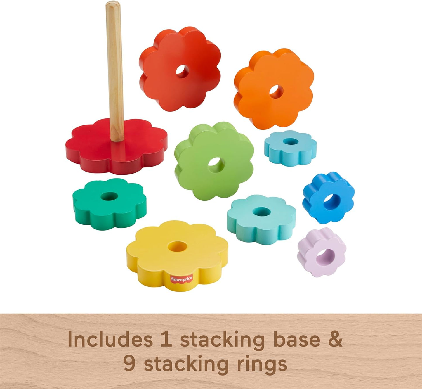 Fisher-Price Wood Toddler Toy Ring Stacker, 10-Piece Wooden Stacking Activity for Fine Motor Skills Play Kids Ages 18+ Months
