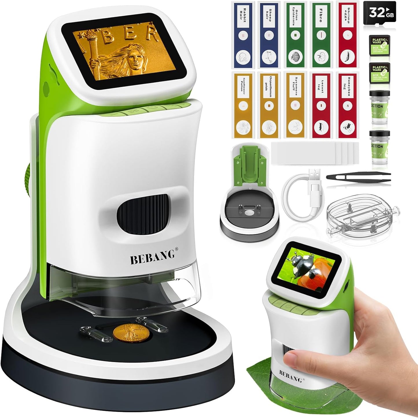 Detachable Kids Handheld Microscope Miniscope - 4K 2.0" HD Screen, 1000X Digital Pocket Toy Microscopes for Boys & Girls Ages 4-12 - Portable Science Stem Kit with Slides Set, 32G Card