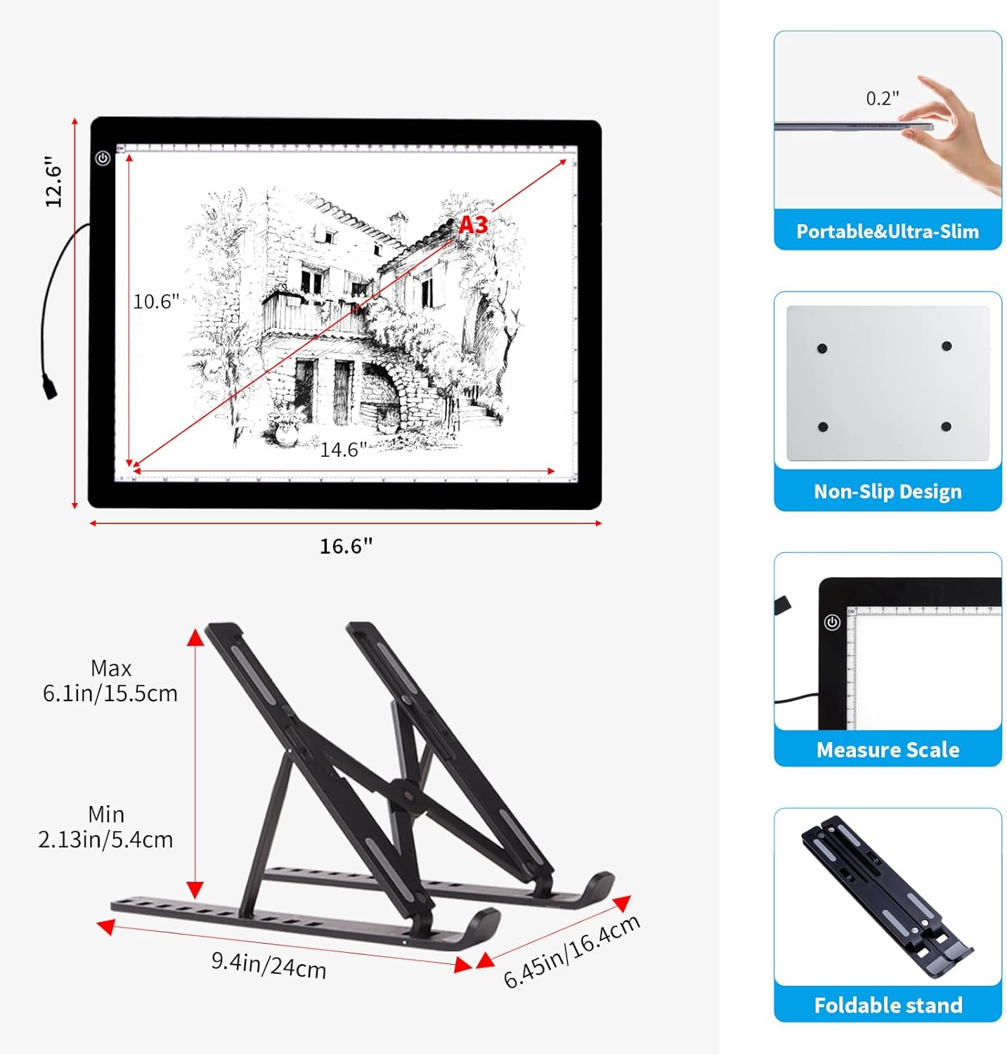 A3 Light Pad for Diamond Painting - Tracing Light Box with Stand, Stepless Dimmable 3 Levels Brightness Light Board, Ultra-Thin LED Light Pad for Weeding Vinyl, Drawing, Diamond Painting, Sketching