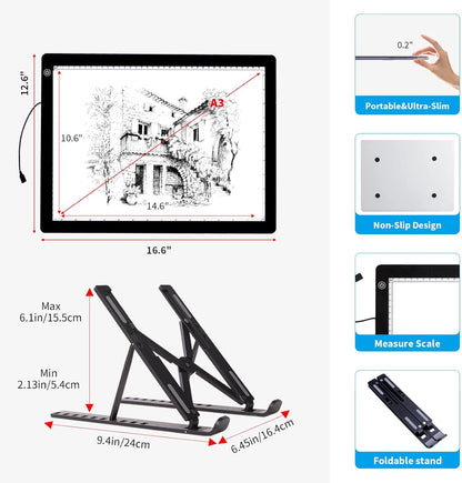 A3 Light Pad for Diamond Painting - Tracing Light Box with Stand, Stepless Dimmable 3 Levels Brightness Light Board, Ultra-Thin LED Light Pad for Weeding Vinyl, Drawing, Diamond Painting, Sketching