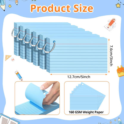 Index Cards 3x5 Inches, 300 PCS, Colored Flash Cards With Ring, Punched Lined Study Card Ruled Flashcards Notecards, Ruled Front And Blank Back, Note Card for School, College And Home