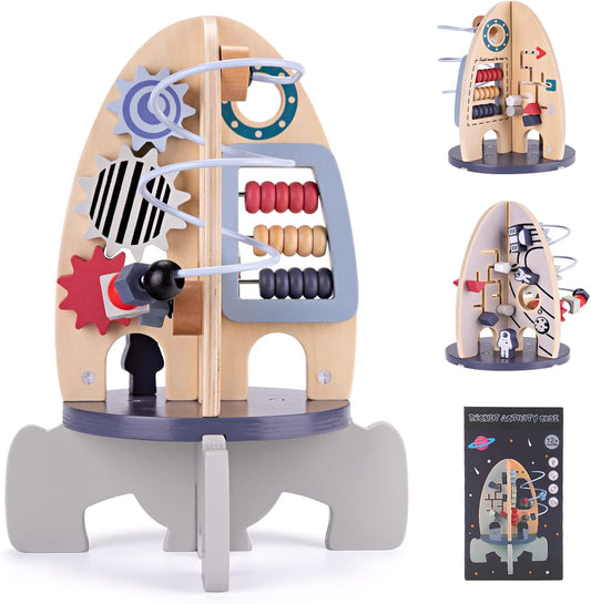 Wdmiya Space Wooden Activity Cube Toys for Baby, Montessoritoys for 1 Year Old Boy & Girl Birthday Gifts, Sensory and Educational 1st Birthday Gifts, Busy Board Toys for Baby Boy 6-18 Months (Rocket)
