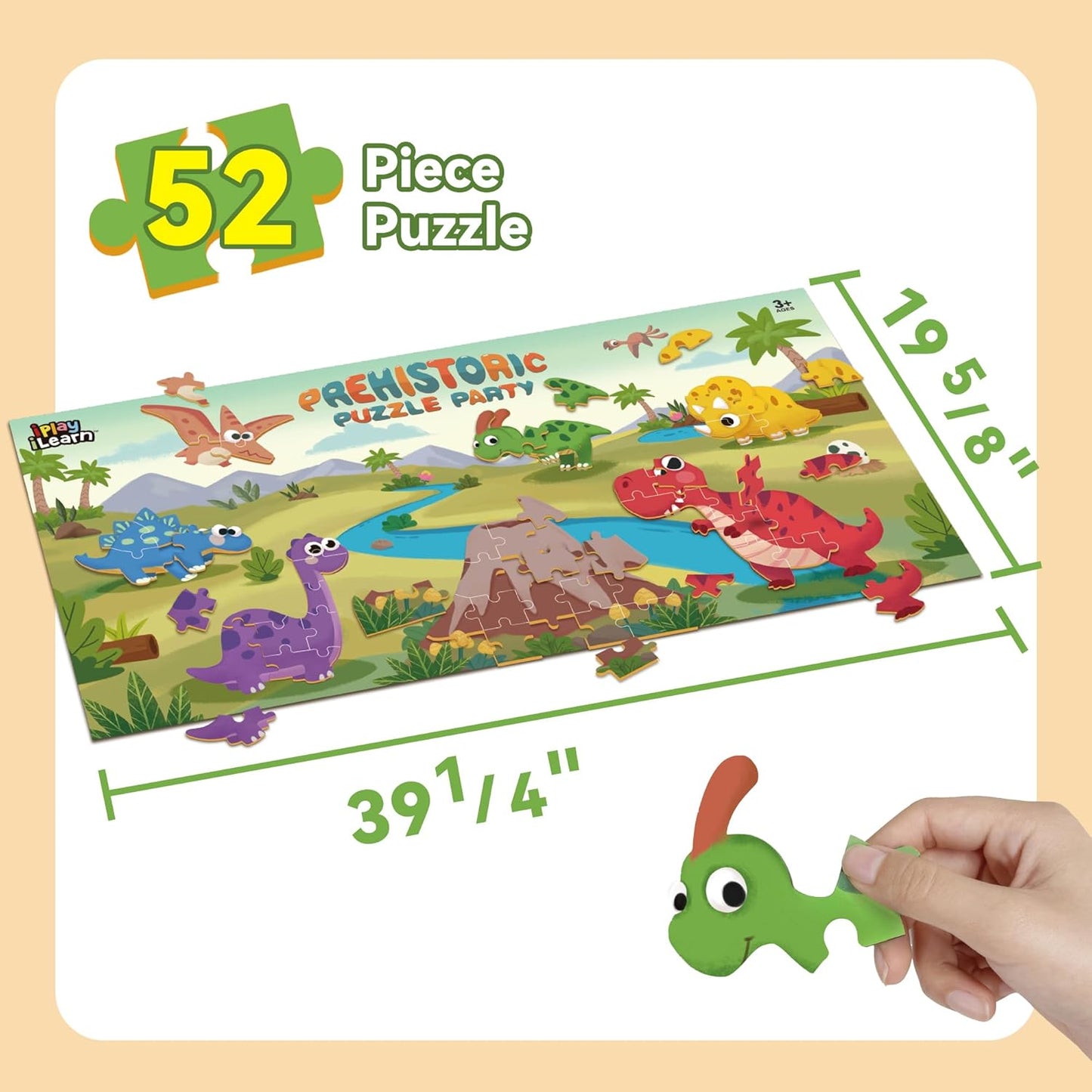 iPlay, iLearn Floor Puzzle for Kids Ages 3-5 4-6, Dinosaur Jigsaw Puzzle, 52Pcs Wooden Jumbo Dinos Animal Puzzles Game, Toddler Educational Learning Toy, Preschool Birthday Gifts for Boy Girl Child