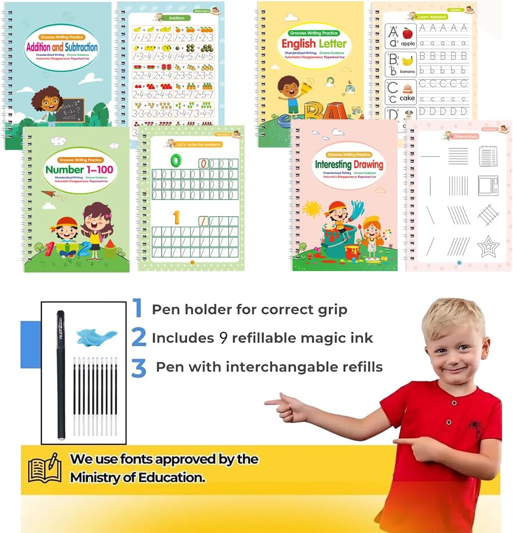Motor Magic Workbooks, Your Little Explorer Magic Grooved Books, 4 PCS Handwriting Practice Copybook W/10 Replacement Refills+1 Pen+1 Pencil Grip, Handwriting Practice (2Set)