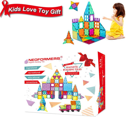 Magnetic Tiles, 96PCS Magnetic Block Toddler Toys with 2 Cars, 3D Clear Magnet Building Tiles Set, STEM Educational Toys for Kids 3-9 Years