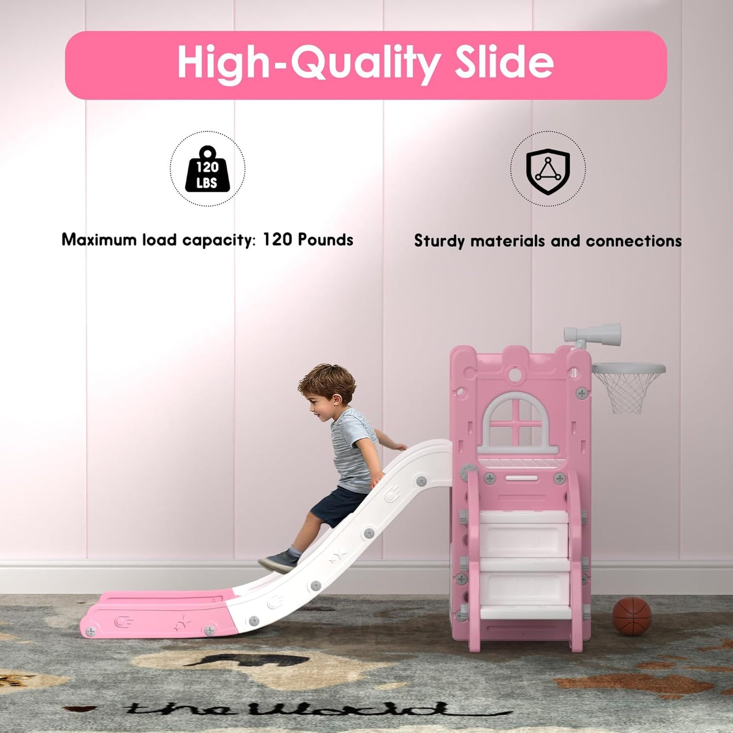 LulliSpace 6 in 1 Toddler Slide,Kids Playset for Toddlers Indoor Outdoor, Baby Slide with Basketball Hoop, Telescope & Storage Space,Non-Slip Steps for Great Gift