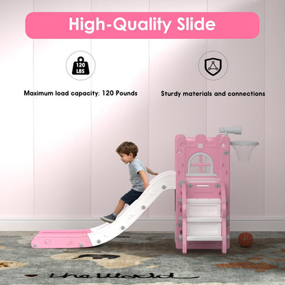 LulliSpace 6 in 1 Toddler Slide,Kids Playset for Toddlers Indoor Outdoor, Baby Slide with Basketball Hoop, Telescope & Storage Space,Non-Slip Steps for Great Gift