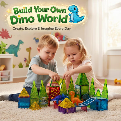 LATI Magnetic Tiles Dinosaur Building Set, Dino World Magnet Blocks with Double-Sided Egg Hatch Story, STEM Construction Toy for Kids Ages 3+, Educational Gift for Boys & Girls