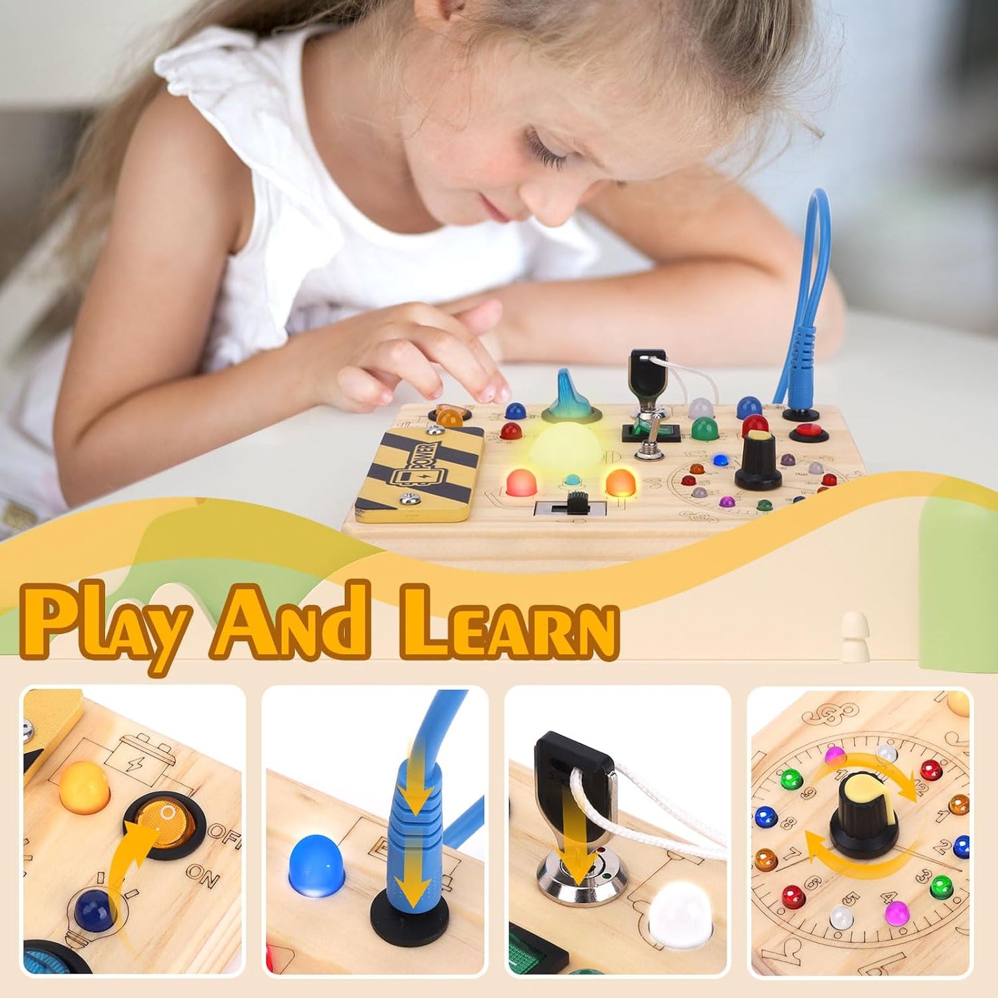 Hoarosall Montessori Wooden Busy Board with 8 LED Light switches, Sensory Toys Light Switch Travel Toys for 1+ Year Old Baby and Toddler