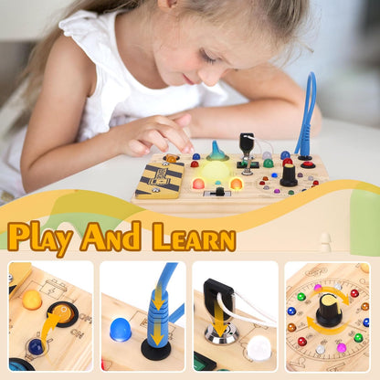 Hoarosall Montessori Wooden Busy Board with 8 LED Light switches, Sensory Toys Light Switch Travel Toys for 1+ Year Old Baby and Toddler