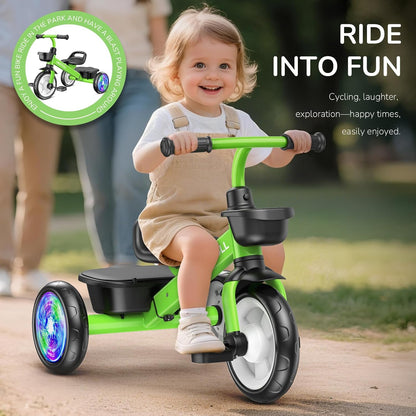 Umatoll Tricycle for Toddlers 2-5 Year Old, Ajustable Toddler Bike Outdoor Toys, Birthday Gift for Girl Age 2-4, Trike with Light up Wheels