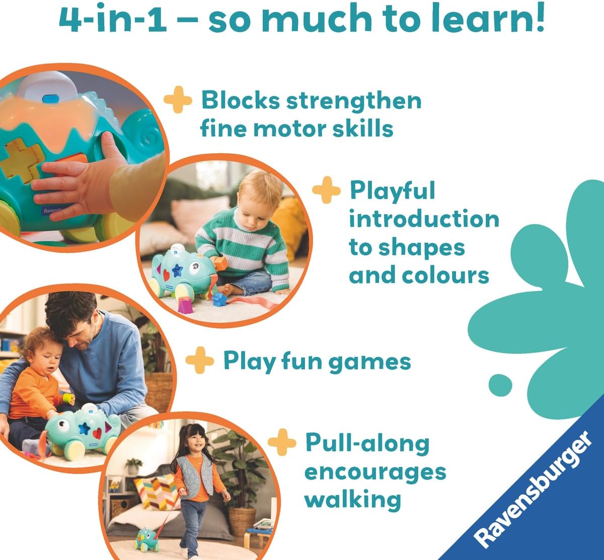 Ravensburger Play+ Colour & Shape Sorter – Chameleon | 3-in-1 Shape Sorting & Pull-Along Toy | Encourages Early Learning & First Steps | 6 Months and Up