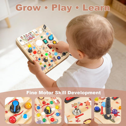 LED Busy Board for Toddlers - Montessori Sensory Toy with 10 Switches & 19 Lights, Wooden Activity Board for Fine Motor Skills, Ideal Educational Birthday Travel Toy Gift for 1 2 3 Year Old Boys Girls