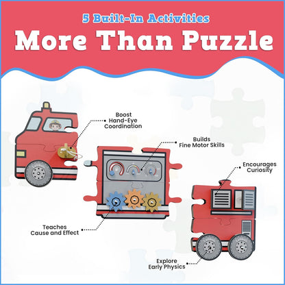 Large Wooden Toddler Puzzles – Fire Truck Interactive Activity Puzzle for Ages 1-3 – Fine Motor Skills Toy with Gears Doors Knobs for Early Learning