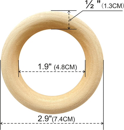 80 Pieces 2.9 Inch Unfinished Wooden Rings for Crafts Natural Solid Wood Circle for Macrame Handmade Project (Inner 1.9 inch)