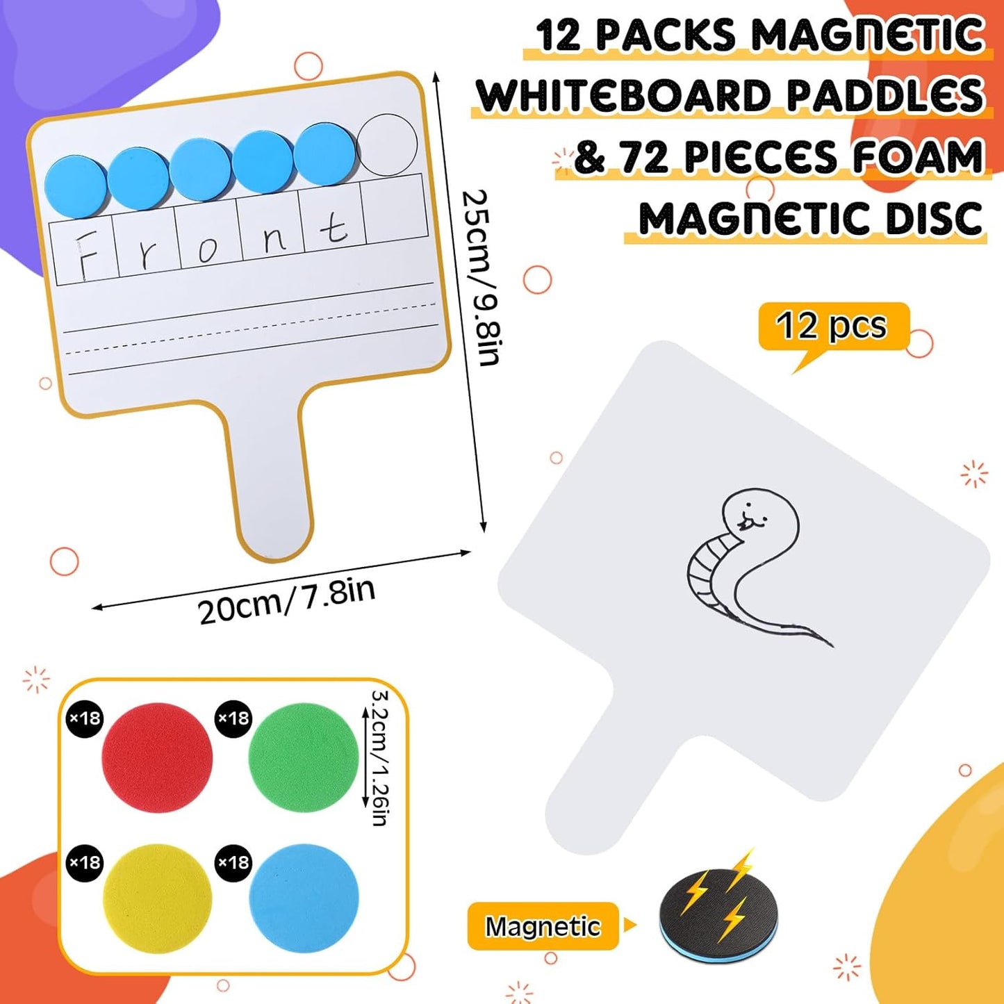 Seajan 12 Pcs Paddle Set Education Dry Erase Double Side Handheld Answer Board with Magnetic Counters Discs Phonemic Awareness Phonics Games Toy for Students Kids Teaching (Classic Color)