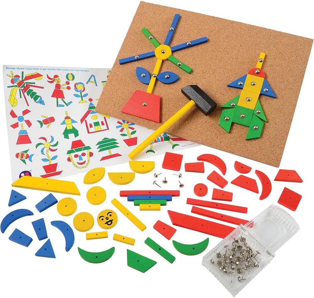 Hammer & Nail Design Kit – Montessori STEM Engineering & Geometry Building Set with 60 Wooden Tiles, Tacks, Hammer & Reusable Cork Board