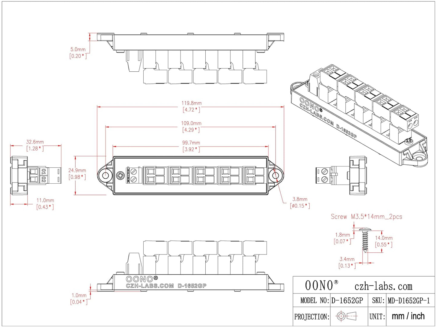 30Amp 300V 1x10 Position Terminal Block Distribution Module. OONO D-1661GP