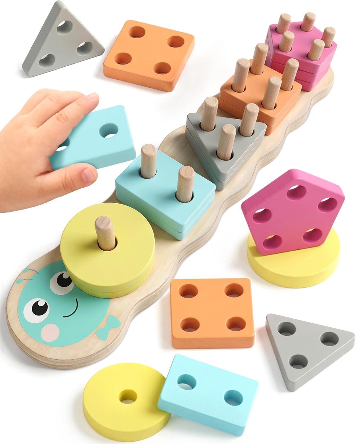 Zeewoo 1 Year Old Girl Boy Gifts Montessori Educational Toys for 1 2 Year Old Caterpillar Wooden Shape Sorter Stacking Toys for Toddlers 1-3 Preschool Learning Toy Birthday Gift