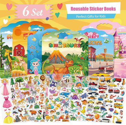 2 Set Reusable Sticker Books for Toddlers 2-4 Years, Puffy Reusable Sticker Activity Book for Kids Toddlers 1-3 Girls Boys Birthday Gifts Include Vehicles&Dinosaur