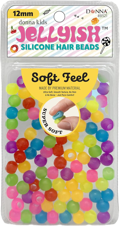 Donna Kids Jellyish Silicone Hair Beads – 12mm Super Soft Noiseless Beads for Braids, Ponytails & Kids Hairstyles – with Threading Tool Pain-Free, Flexible & Tangle (Clear Mix)
