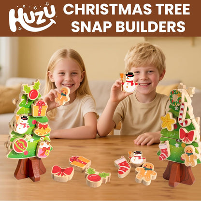 HUZU Christmas Tree Snap Builders 2025 – Wooden Building Blocks, 3D Puzzle, DIY Montessori Fine Motor Toy, Christmas Ornaments, Decor, Gifts for Grandkids, Stocking Stuffers for Kids, Boys & Girls